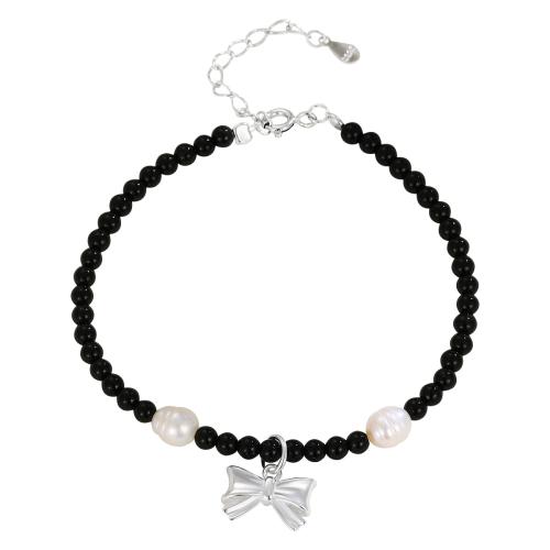 925 Sterling Silver Bangle Bracelet with Black Agate & Plastic Pearl with 3CM extender chain Bowknot for woman black Length Approx 16 cm Sold By PC