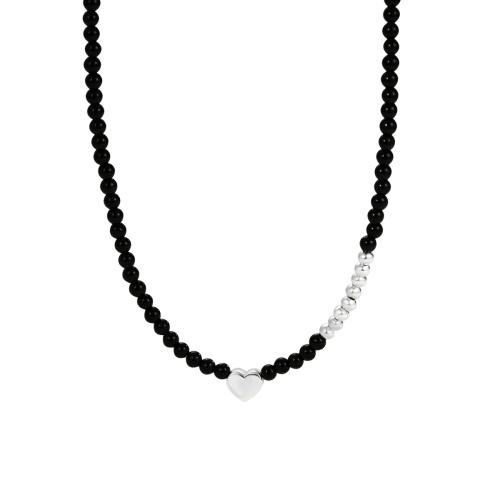 Colliers en argent sterling, argent sterling 925, avec agate noire, avec 5CM chaînes de rallonge, coeur, pour femme, noire, Longueur Environ 35 cm, Vendu par PC