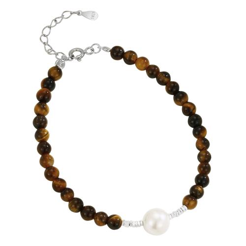 925 Sterling Silver Bangle Bracelet with Tiger Eye & Plastic Pearl with 3CM extender chain for woman silver color Length Approx 16 cm Sold By PC