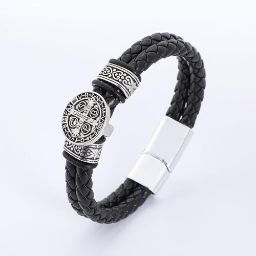 PU Leather Cord Bracelets Zinc Alloy with PU Leather Carved vintage & for man black Sold By PC