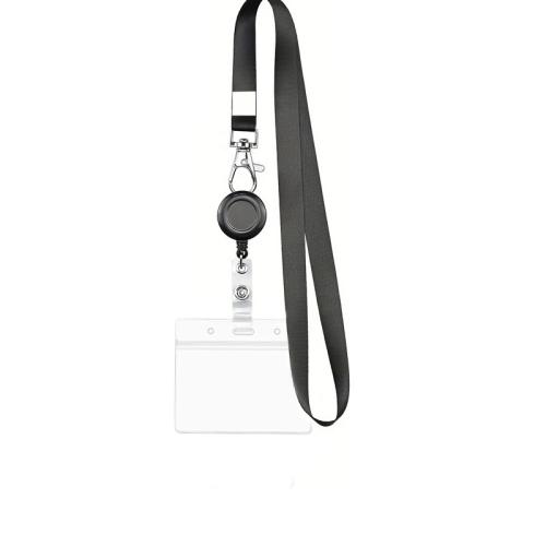 PVC Plastic Lanyard Card Holder with Polyester Cord portable & multifunctional & retractable black Sold By PC