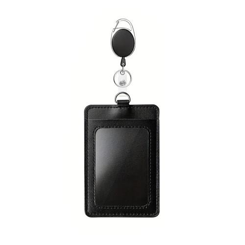 PU Leather Lanyard Card Holder with Polyester Cord & Zinc Alloy portable & multifunctional & retractable black Sold By PC