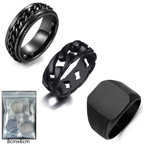 Titanium Steel Ring Set, επιχρυσωμένο, τρία κομμάτια & περιστρεφόμενο & διαφορετικό μέγεθος για την επιλογή & για τον άνθρωπο, μαύρος, Μέγεθος:7-13, Sold Με Ορισμός