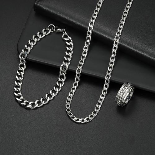 Titanium Steel Jewelry Set finger ring & bracelet & necklace three pieces & for man original color US Ring Sold By Set