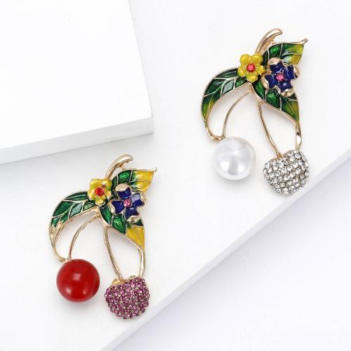 Zinc Alloy Brooches Cherry gold color plated for woman & enamel & with rhinestone nickel lead & cadmium free Sold By PC