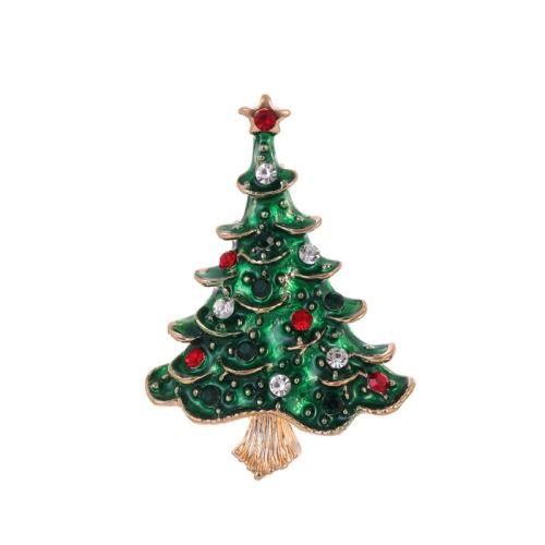 Broches de Noël, alliage de zinc, arbre de noël, plaqué de couleur d'or KC, Conception de Noël & unisexe & émail & avec strass, Vendu par PC