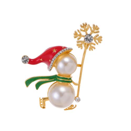 Broches de Noël, alliage de zinc, avec perle de plastique, bonhomme de neige, Plaqué or 18K, Conception de Noël & unisexe & émail & avec strass, Vendu par PC