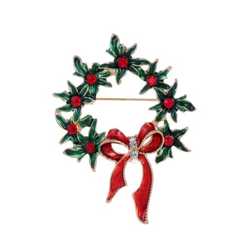 Christmas Brooches Zinc Alloy Christmas Wreath KC gold color plated Christmas Design & Unisex & enamel & with rhinestone Sold By PC