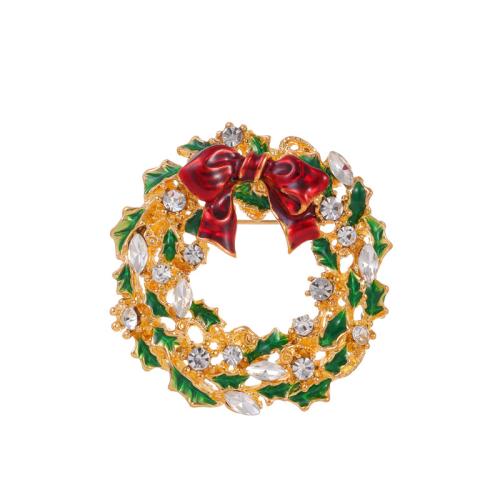 Christmas Brooches Zinc Alloy Christmas Wreath 18K gold plated Christmas Design & Unisex & enamel & with rhinestone Sold By PC