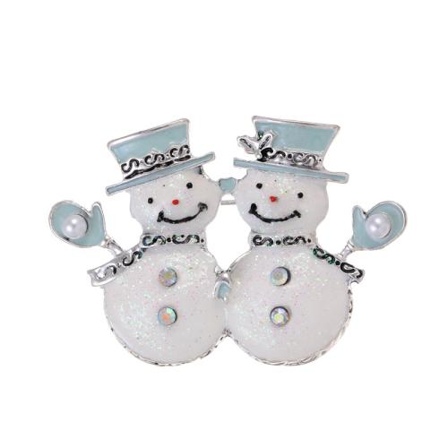 Broches de Noël, alliage de zinc, avec perle de plastique, bonhomme de neige, Plaqué de couleur d'argent, Conception de Noël & unisexe & émail & avec strass, Vendu par PC