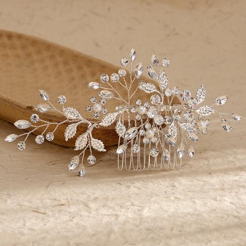 Decorative Hair Combs Zinc Alloy with brass wire & Plastic Pearl for bridal & with rhinestone silver color Sold By PC