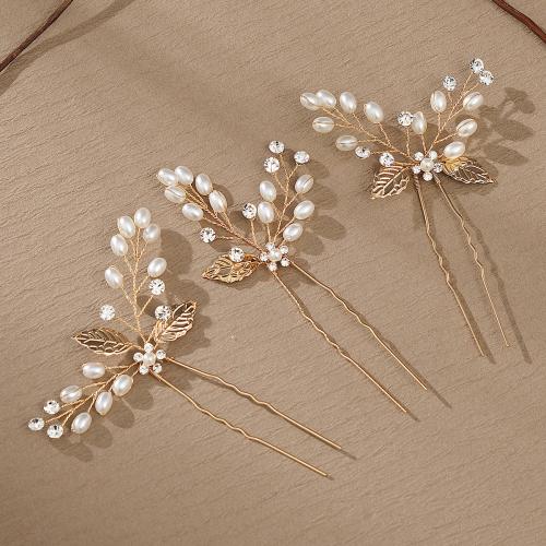 Hair Stick Zinc Alloy with brass wire & Plastic Pearl for bridal & with rhinestone golden Sold By Bag