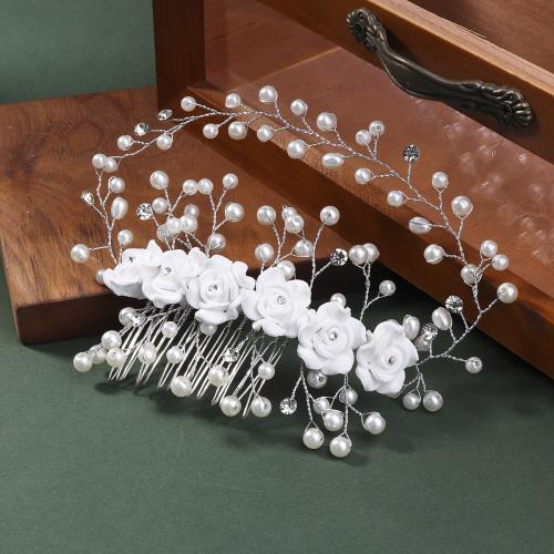 Decorative Hair Combs Zinc Alloy with brass wire & Plastic Pearl & Acrylic for bridal silver color Sold By PC