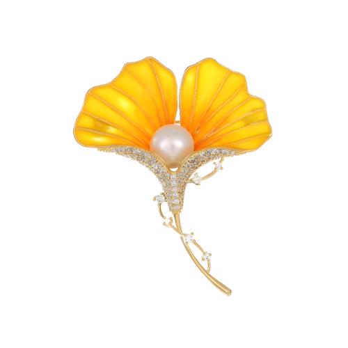 Zinc Alloy Brooches with Plastic Pearl Ginkgo Leaf for woman & with rhinestone Sold By PC