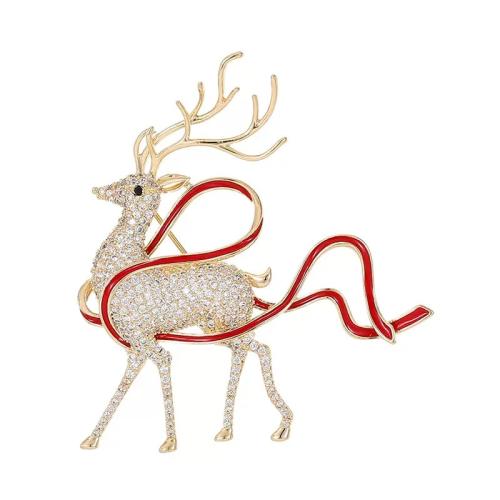 Kerst Broches, Zinc Alloy, Christmas Reindeer, Kerstontwerp & voor vrouw & glazuur & met strass, gouden, 50x51mm, Verkocht door PC