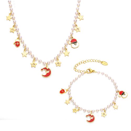 Fashion Stainless Steel Jewelry Sets 304 Stainless Steel with Plastic Pearl with 5cm extender chain Christmas Design & for woman golden Length 40 cm 16 cm Sold By PC