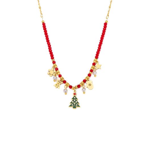 Stainless Steel Jewelry Necklace 304 Stainless Steel with Garnet & Plastic Pearl with 5cm extender chain Christmas Design & micro pave cubic zirconia & for woman golden Length Approx 43 cm Sold By PC