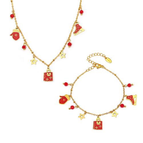 Enamel Stainless Steel Jewelry Set 304 Stainless Steel with Garnet with 5cm extender chain 18K gold plated Christmas Design & for woman golden Length 42 cm 17 cm Sold By PC