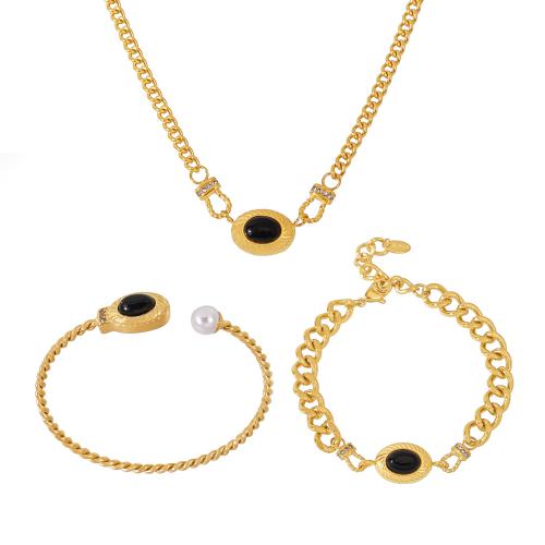 Fashion Stainless Steel Jewelry Sets 304 Stainless Steel with Black Agate 18K gold plated fashion jewelry & for woman & with rhinestone golden Sold By PC