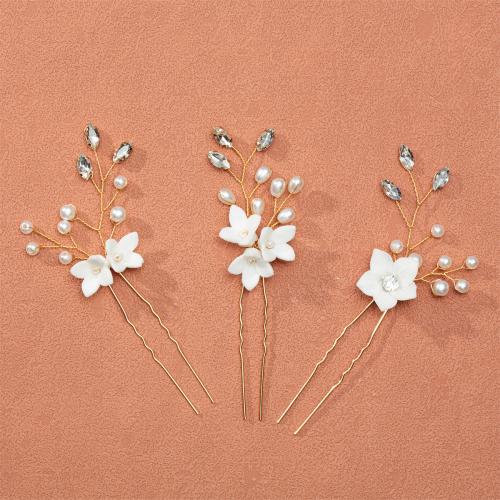 Hair Stick Iron with brass wire & Porcelain & Plastic Pearl three pieces & for bridal & with rhinestone golden Sold By Set