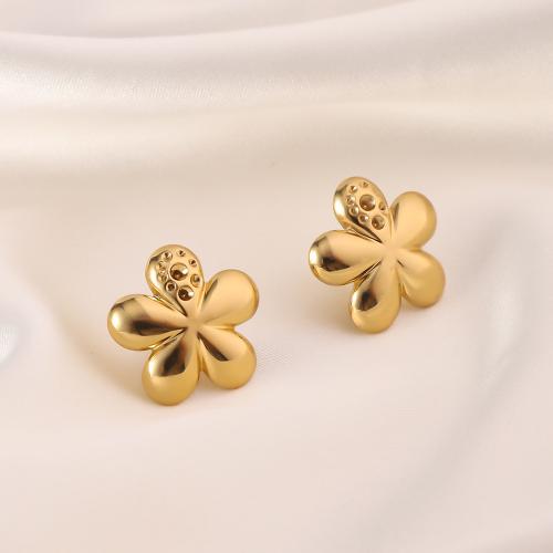 Boucle d'oreille de gaujon en acier inoxydable, Acier inoxydable 304, fleur, Plaqué or 18K, bijoux de mode & pour femme, Or, 18x18mm, Vendu par paire