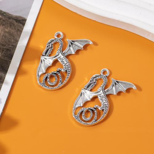 Sinc Alloy Pendants Ainmhithe, Dragon, dath airgid antique plátáilte, DIY, nicil, luaidhe & caidmiam saor in aisce, 40x35mm, Thart 100ríomhairí pearsanta/Mála, Díolta De réir Mála