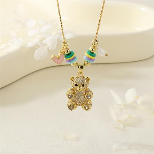 Cubic Zircon Micro Pave Brass Necklace with Polymer Clay Bear gold color plated micro pave cubic zirconia & for woman & enamel nickel lead & cadmium free Sold By PC