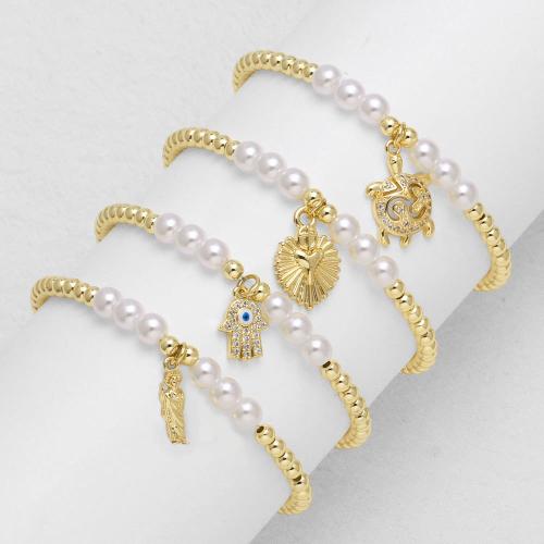 Cubic Zirconia Micro Pave Brass Bracelet with Plastic Pearl gold color plated fashion jewelry & micro pave cubic zirconia golden nickel lead & cadmium free Length 16 cm Sold By PC