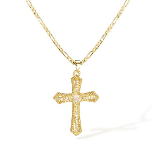 Collier en laiton, avec zircon cubique, avec 55mm chaînes de rallonge, croix, Plaqué d'or 14K, bijoux de mode & pour femme, Longueur 505 mm, Vendu par PC