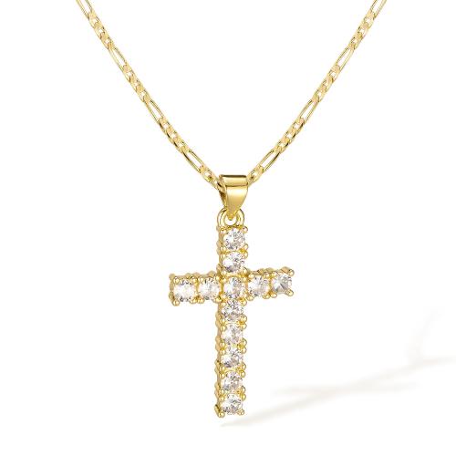 Collier en laiton, avec zircon cubique, avec 55mm chaînes de rallonge, croix, 14K rempli d’or, bijoux de mode & pour femme, Longueur 505 mm, Vendu par PC