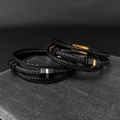 Bracelets cordon PU, cuir PU, avec Acier inoxydable 304, fait à la main, trois couches & bijoux de mode & pour homme, plus de couleurs à choisir, Longueur 205 mm, Vendu par PC