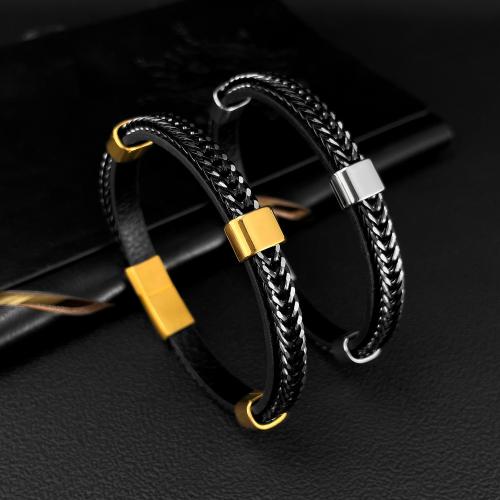 PU Leather Cord Bracelets Fiber with 304 Stainless Steel handmade Double Layer & fashion jewelry & for man Length 210 mm Sold By PC