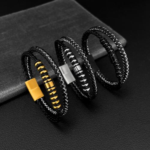 PU Leather Cord Bracelets Fiber with 304 Stainless Steel handmade Double Layer & fashion jewelry & for man Length 210 mm Sold By PC