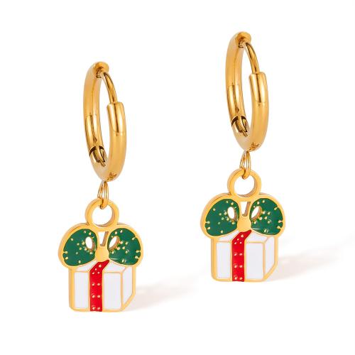 Christmas Earrings 304 Stainless Steel gift shape plated fashion jewelry & for woman & enamel golden Sold By Pair