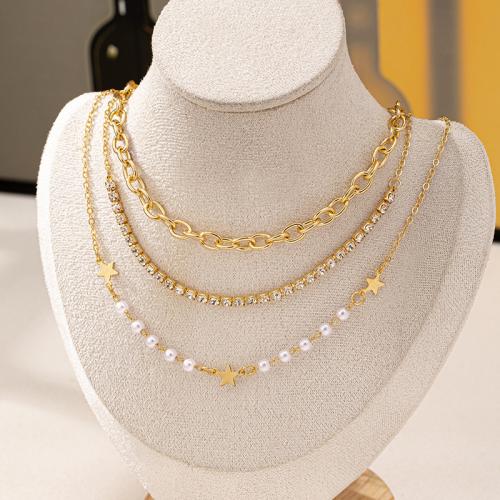 Zinc Alloy Jewelry Necklace with Plastic Pearl plated three pieces & micro pave cubic zirconia & for woman gold Sold By Set