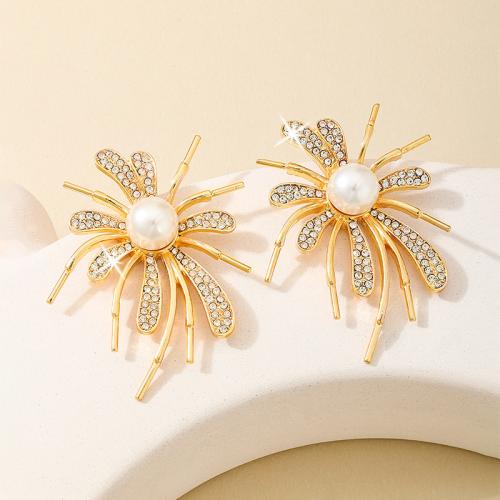 Zinc Alloy Stud Earring with Plastic Pearl plated micro pave cubic zirconia & for woman gold Sold By PC