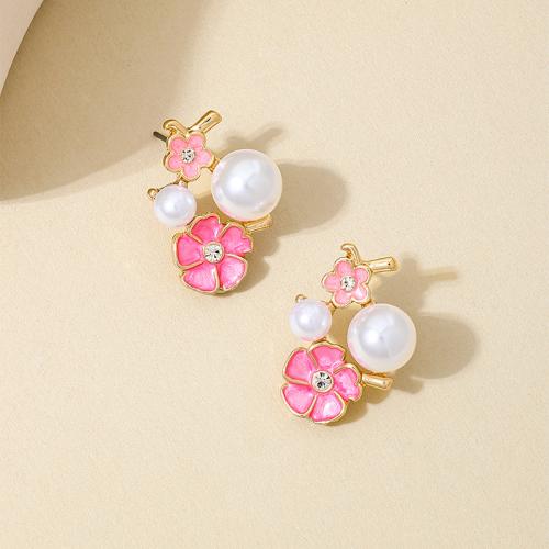 Zinc Alloy Stud Earring with Plastic Pearl petals plated micro pave cubic zirconia & for woman & enamel golden Sold By Pair