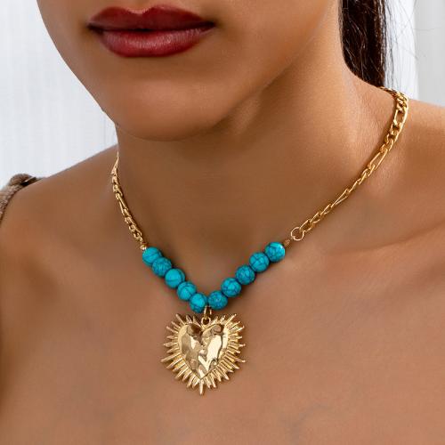 Zinklegering halskettingen, Zinc Alloy, met Synthetische Turquoise, Hart, plated, voor vrouw, goud, Verkocht door PC