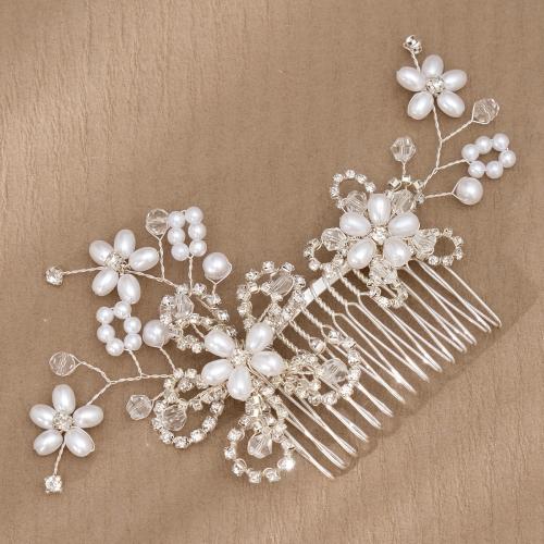 Dekorativní Hair Combs, Železo, s mosazný drát & Krystal & Plastové Pearl, pro svatební & s drahokamu, stříbro, 130x76mm, Prodáno By PC