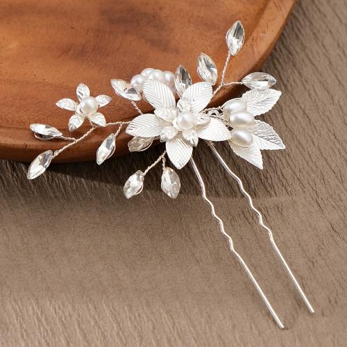 Hair Stick Plastic Pearl with brass wire & Rhinestone & Iron for bridal silver color Sold By PC