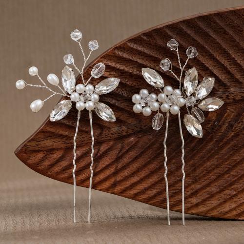 Hair Stick Plastic Pearl with brass wire & Rhinestone & Iron & Acrylic 2 pieces & for bridal silver color Sold By Set