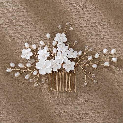 Decorative Hair Combs Iron with brass wire & Polymer Clay & Plastic Pearl & Acrylic for bridal golden Sold By PC