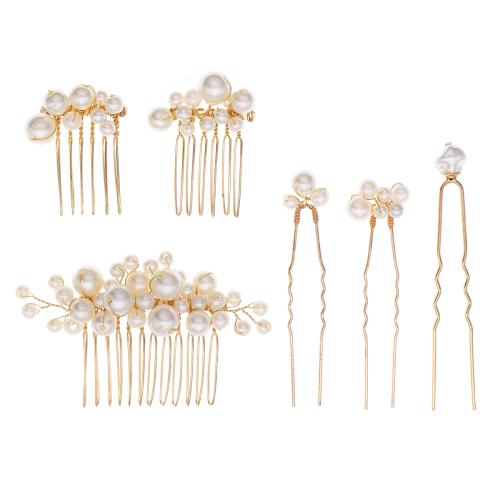 Mixed Hair Accessories Iron with brass wire & Plastic Pearl 6 pieces & for bridal golden Sold By Set