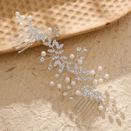 Decoratieve Kammen, Ijzer, met koperdraad & Plastic Pearl, voor bruids & met strass, zilver, 180x75mm, Verkocht door PC