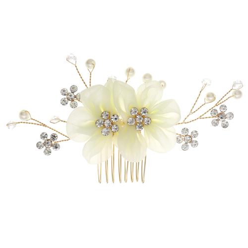 Decorative Hair Combs Iron with brass wire & Cloth & Plastic Pearl & Acrylic for bridal & with rhinestone golden Sold By PC