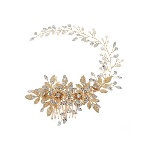 Headband Zinc Alloy with Plastic Pearl for bridal & with rhinestone golden Sold By PC