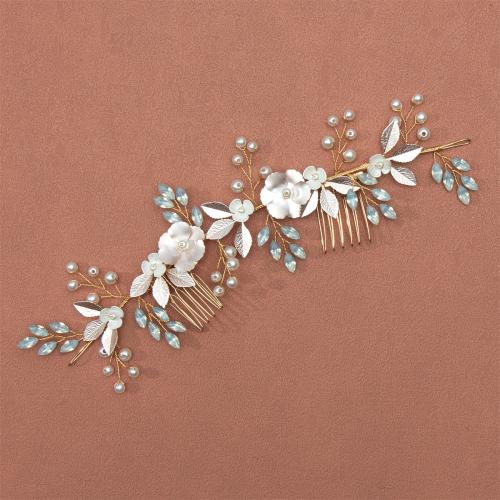 Decoratieve Kammen, Zinc Alloy, met koperdraad & Plastic Pearl & Acryl, voor bruids, gouden, 215x65mm, Verkocht door PC