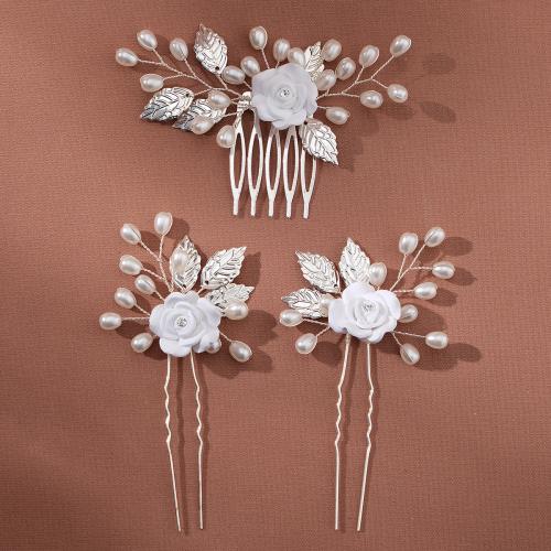 Accesorios para el Cabello, fundición, con alambre de latón & Arcilla polimero & Perlas plásticas, tres piezas & para novia & con diamantes de imitación, plateado, Vendido por Set