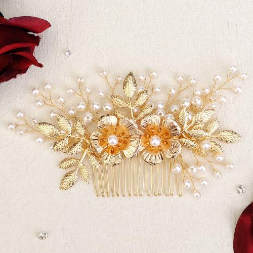 Maisiúil Gruaige Combs, Prás, le Pearl Plaisteacha, do bridal, órga, 145x75mm, Díolta De réir PC