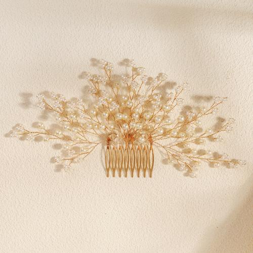 Decorative Hair Combs Iron with brass wire & Plastic Pearl & Acrylic for bridal golden Sold By PC